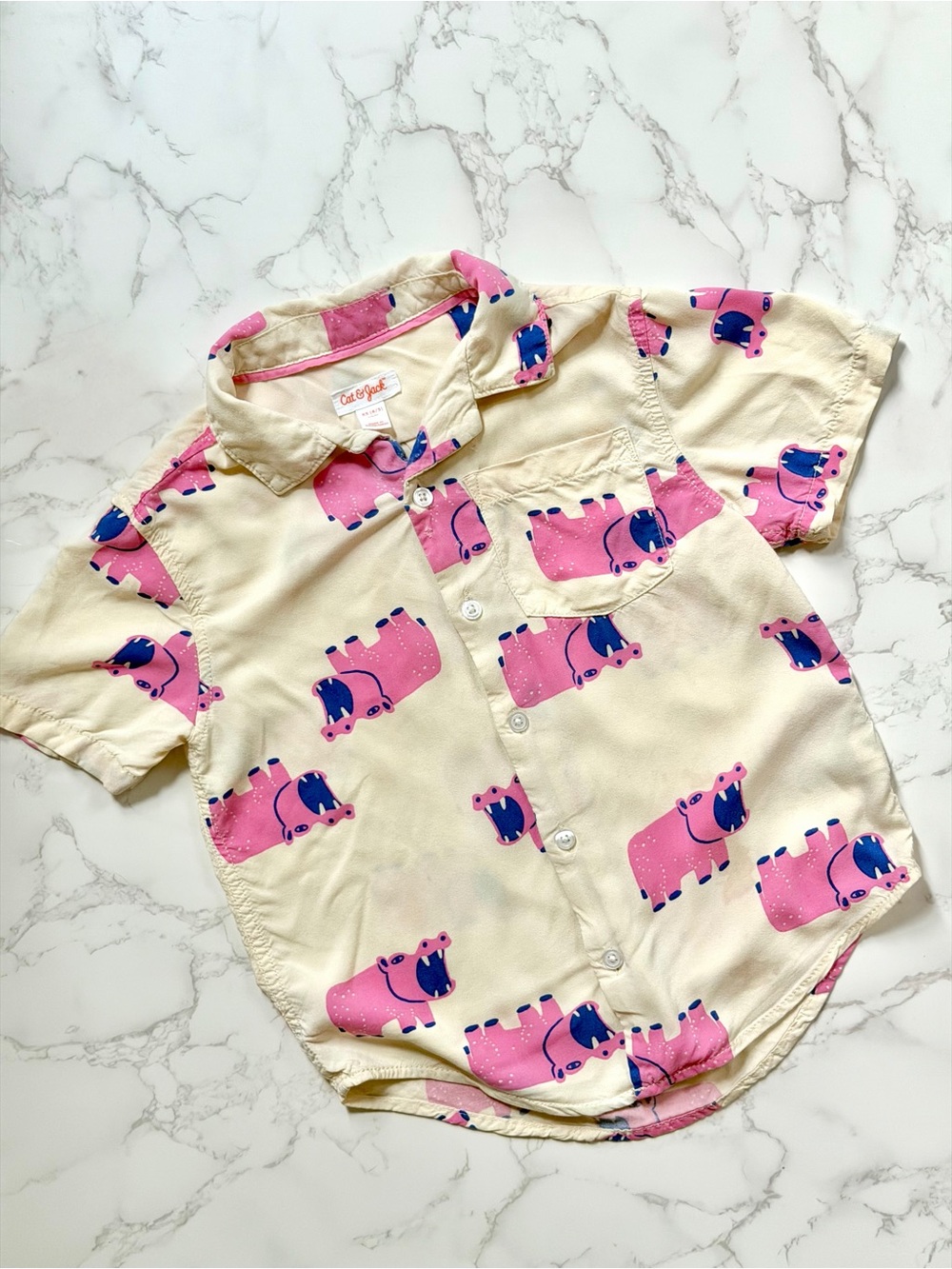 Cat & Jack Short Sleeve Button-Down Shirt with Pink & Blue Hippo Print, 4/5 XS